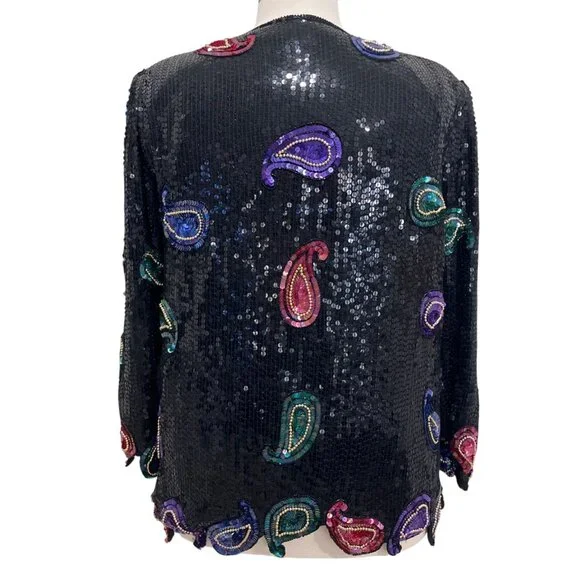 Vintage Scala Sequin Silk Jacket Paisley Beaded Black Purple Pink Blazer Size 2X - Picture 7 of 10